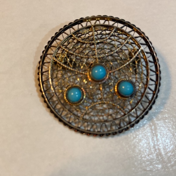 925 and Turquoise Vintage Menorah Filigree Pin Brooch - Picture 2 of 9